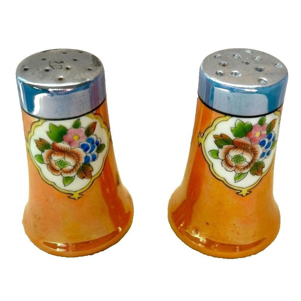 VTG Japanese Lusterware Salt and Pepper Set Handpainted Florals Silver Top 50s